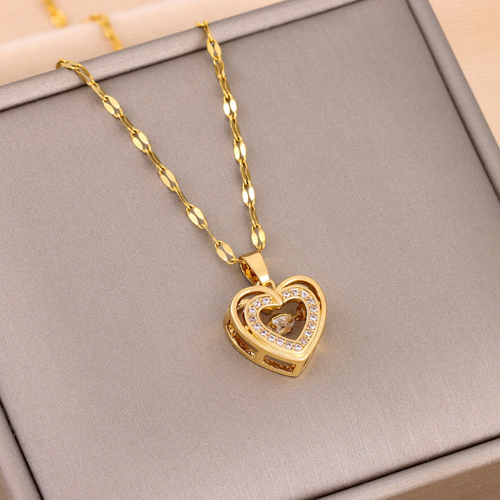 Double-layer Love Necklace With Rhinestones Titanium Steel Pendant Fashion Jewelry Woman