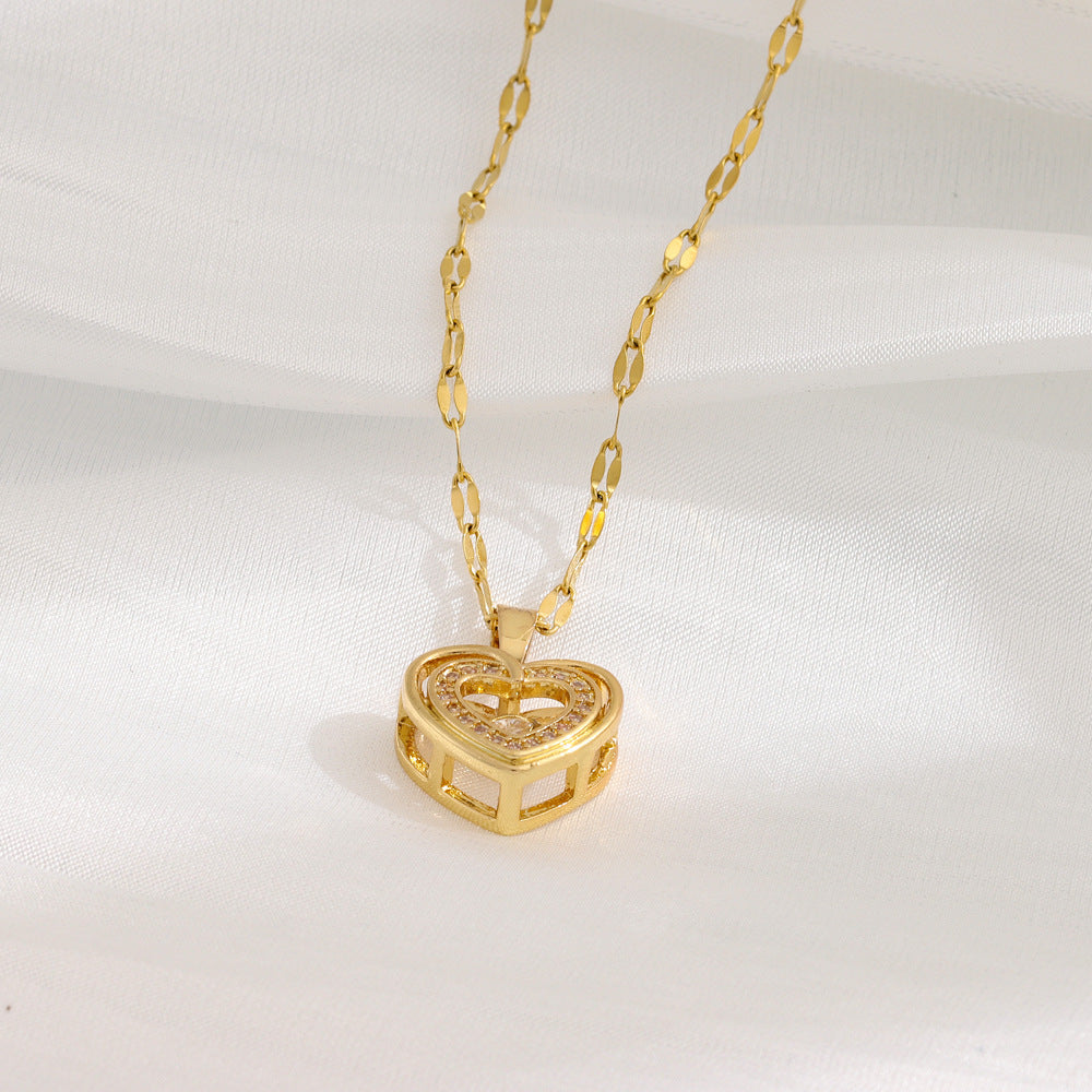 Double-layer Love Necklace With Rhinestones Titanium Steel Pendant Fashion Jewelry Woman