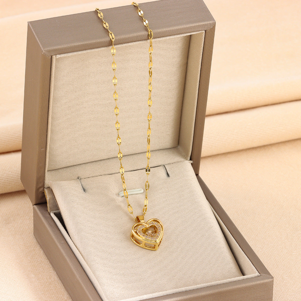 Double-layer Love Necklace With Rhinestones Titanium Steel Pendant Fashion Jewelry Woman