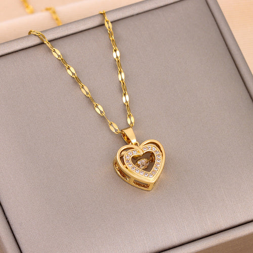 Double-layer Love Necklace With Rhinestones Titanium Steel Pendant Fashion Jewelry Woman