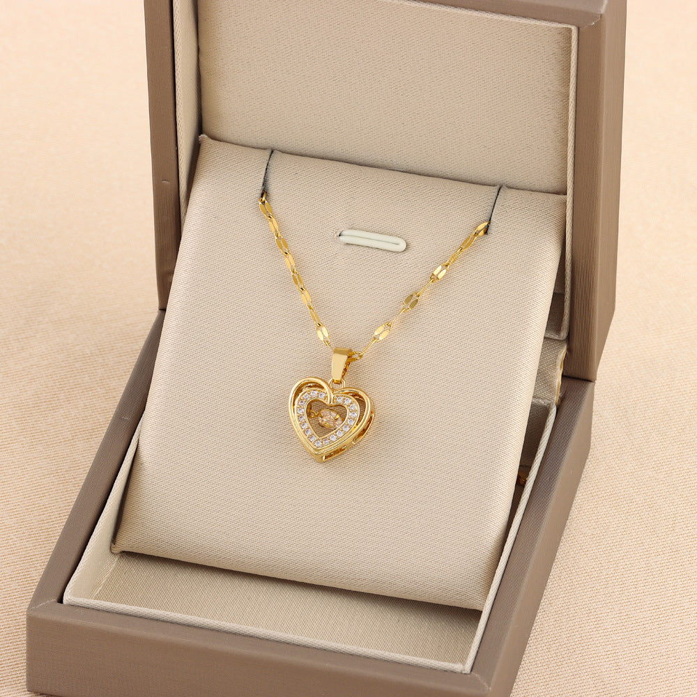 Double-layer Love Necklace With Rhinestones Titanium Steel Pendant Fashion Jewelry Woman