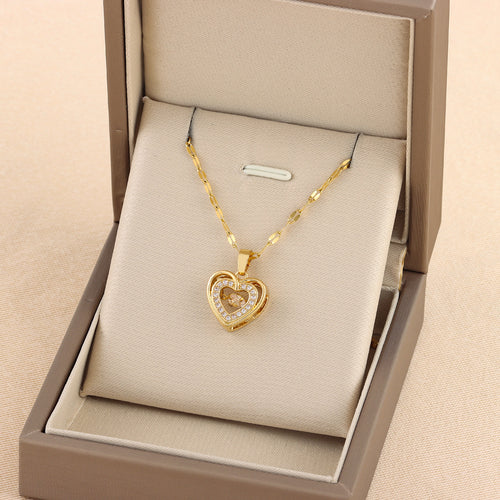 Double-layer Love Necklace With Rhinestones Titanium Steel Pendant Fashion Jewelry Woman